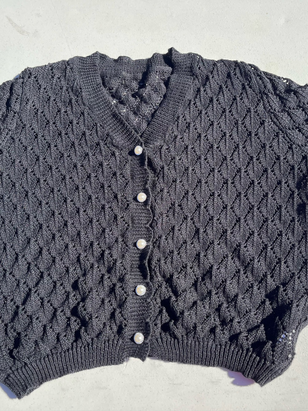 Black Textured Knit Camisole with Pearl Buttons